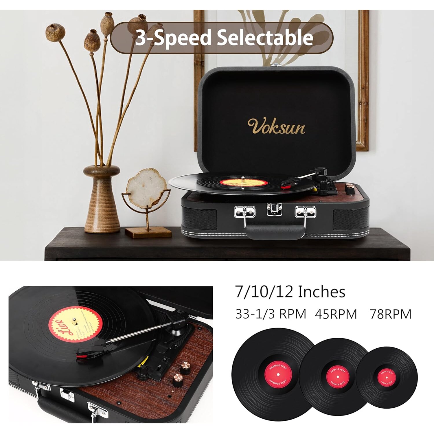 Pick-up Bluetooth 5.4, 3 viteze 33/45/78 rpm, AUX, USB, 2