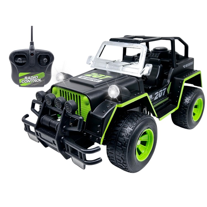RC távirányítós Off-Road autó, Fényszóró, 30 cm, Tartós műanyag, Elemek, Fekete/zöld, ERGINO