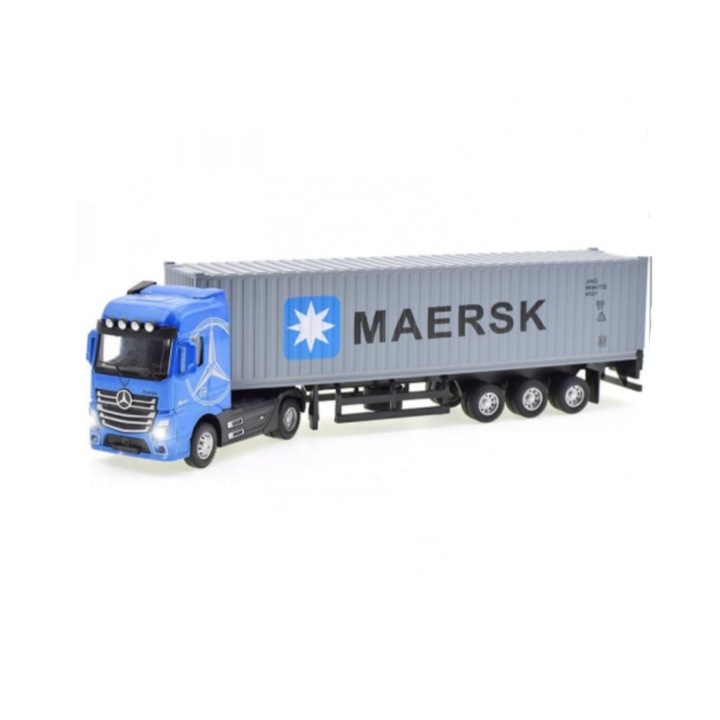 Macheta mecanica, Tir Mercedes Actros, container, leduri si sunete, scala 1/36, albastru/gri, 30.5 cm