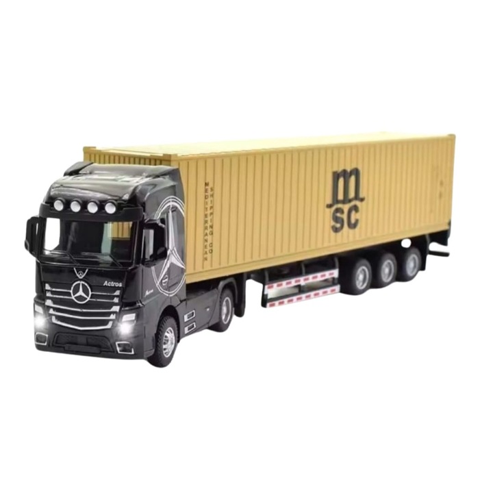 Macheta mecanica, Tir Mercedes Actros, container, leduri si sunete, scala 1/36, negru/galben, 30.5 cm