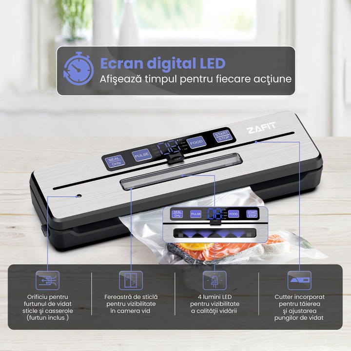 Aparat de vidat alimente ZAFIT™ VID-360 PRO+, Furtun vidare sticle si caserole, 30 cm bara de lipire, 5 pungi incluse, Negru/Inox