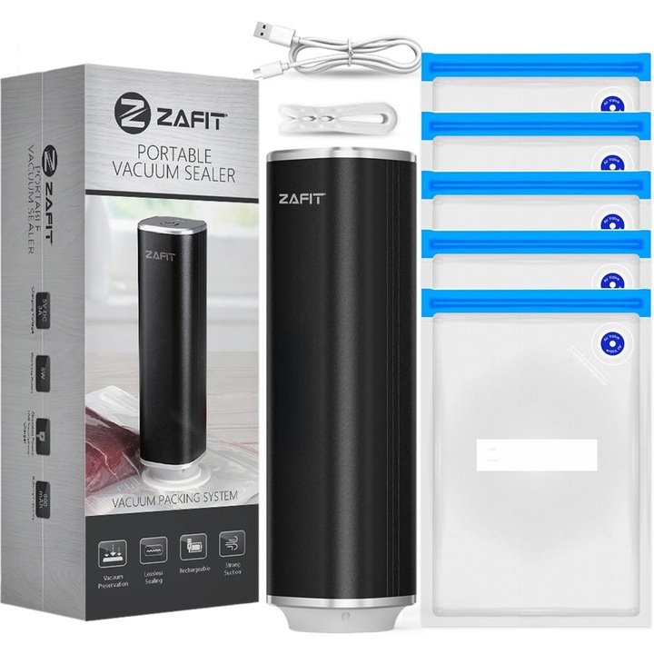 Élelmiszer vákuumcsomagoló ZAFIT™ PMP-01 alumínium, 15 vákuum zacskó, hordozható, szivattyú típus, újratölthető, akkumulátor 800 mAh, teljesítmény 5 W, áramlási sebesség 2,5 l/perc, töltőkábel mellékelve, fekete