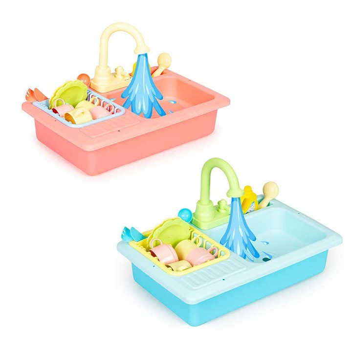 Комплект 2 мивки с прибори, интерактивна играчка, с 12 аксесоара, за деца, розов и син, 41,5 x 27 x 27,5 см, Dalimag