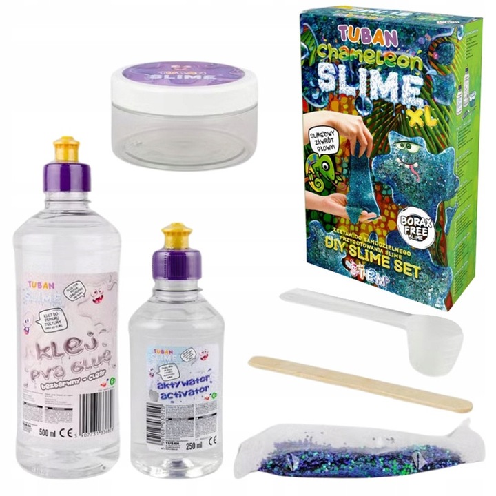 Set pentru Prepararea Slime, Tuban, 500 ml de lipici turcoaz PVA, 250 ml de activator, 6 g de sclipici mineral, Bat de amestecare, Recipient de depozitare, Multicolor
