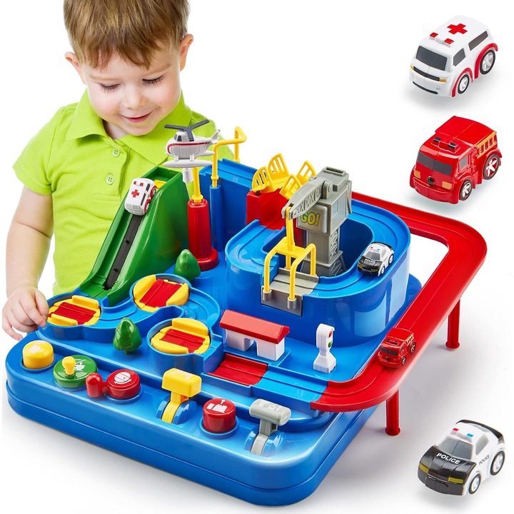 Set Jucarie Interactiva Circuit de Curse KidProtect® Rescue City, Butoane, Manete si Rotite, Actionabile, Elicopter, Pod Mobil, Macara Mobila, Fara BPA, Masinute Incluse, Politie, Ambulanta