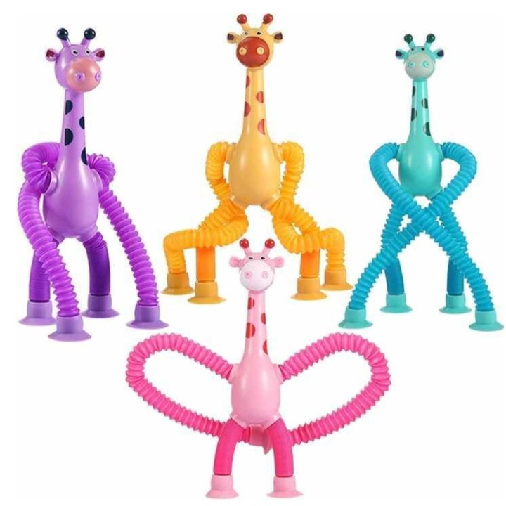 4 db Zsiráf XL interaktív játék nyújtható tapadókoronggal, tarka műanyagból, tökéletes szórakozásra, kreatív játékra és gyermekek motoros készségek fejlesztésére