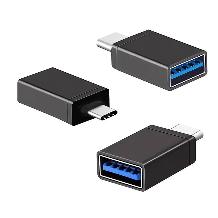 Комплект от 3 Bervolo® USB-C към USB-A 3.0 адаптера, бързо зареждане, първокласен алуминиев дизайн, черен