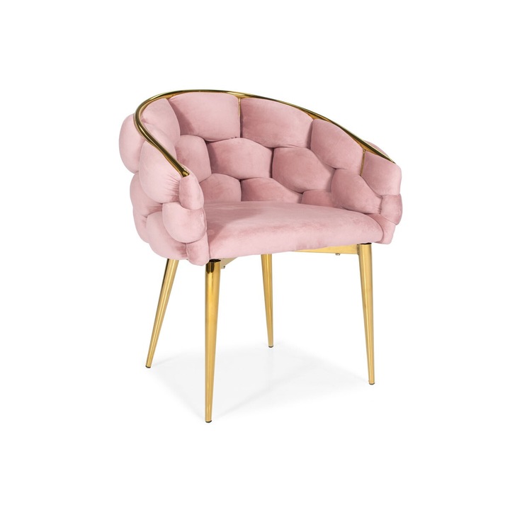 Scaun tapizat FERTONE, stil glamour, roz, cu picioare aurii, dimensiuni 60x70x90cm