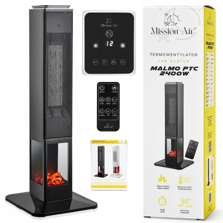Oszlopfűtő, Mission Air, MALMO, valósághű lánghatás, modern PTC kerámia rács, SWING funkció, 79 x 14, 6 x 12, 5 cm, fényes fekete
