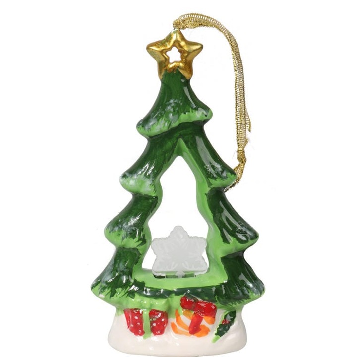 Dekoratív karácsonyi figura, Góliát, kerámia fa LED fénnyel, 15 cm, zöld