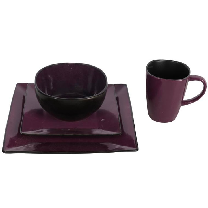 Góliát kerámia edénykészlet, lila, 4 db, nagytányér 27x30cm, kistányér 20,5x2,5cm, tál 16x7cm, bögre 9,5x10,5cm