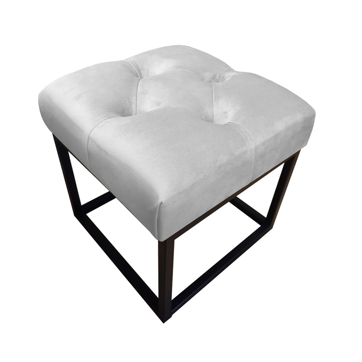 Табуретка Atos CHESTERFIELD LOFT, светлосиво, 40x40x41см, материал Velvet, черна метална конструкция