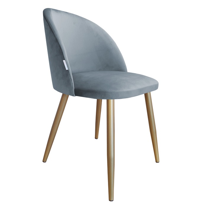 Atos Colin szék, kék-szürke Bluvel kárpit, arany fém lábak, méretei 76x57x49cm