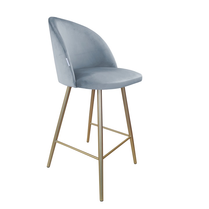 Colin bárszék, Atos, szürke-kék Bluvel kárpit, magassága 96 cm, aranyozott fém talp