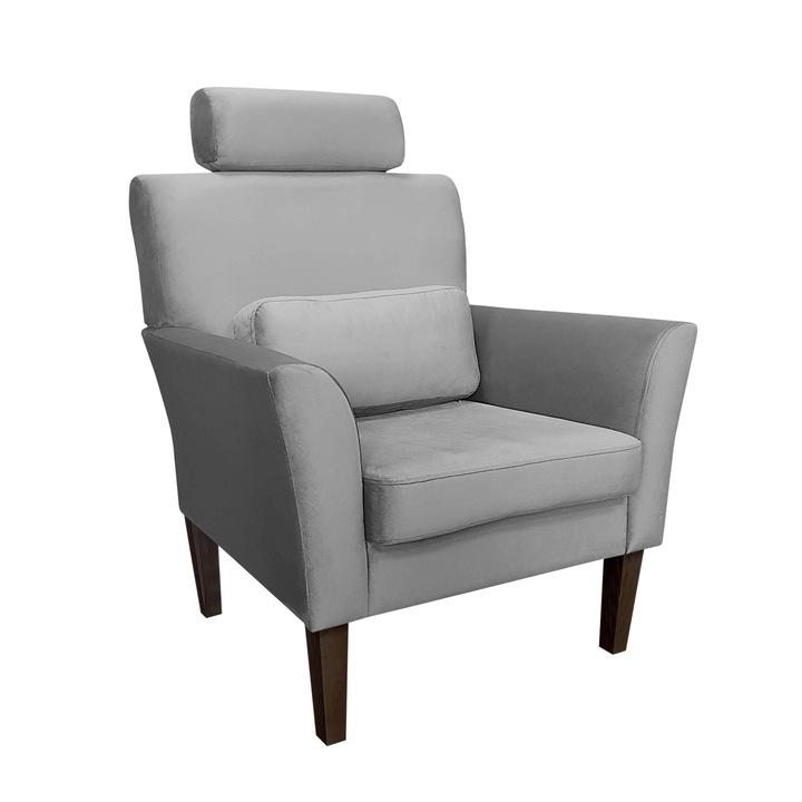 Denver fotel, Atos, fejtámlával, bársony kárpitozással, szürke, 81x72cm