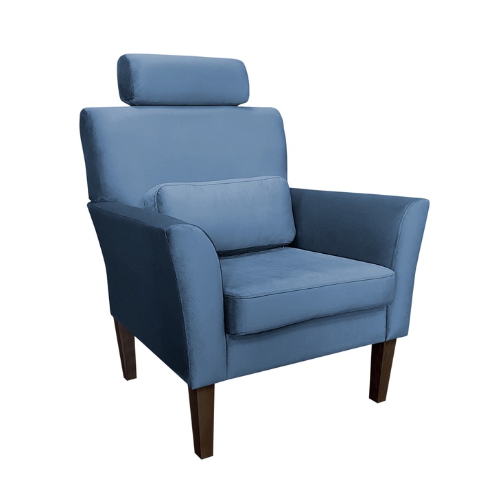 Denver fotel, Atos, fejtámlával, bársony kárpitozással, kék színű, méretei 81x72x99cm