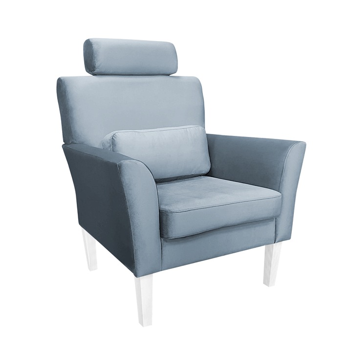 Denver fotel, Atos, fejtámlával, bársony kárpitozással, szürke-kék, méretei 81x72x99cm