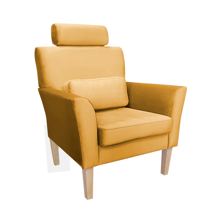 Denver fotel, Atos, sárga, fejtámlával, bársony kárpitozással, méretei 81x72x99cm