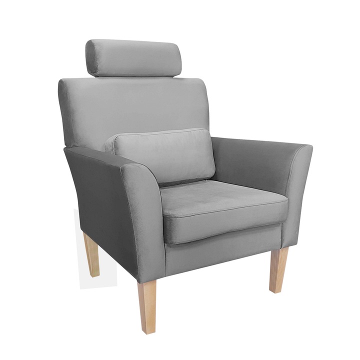 Denver fotel, Atos, fejtámlával, bársony kárpitozással, szürke, 81x72x99cm