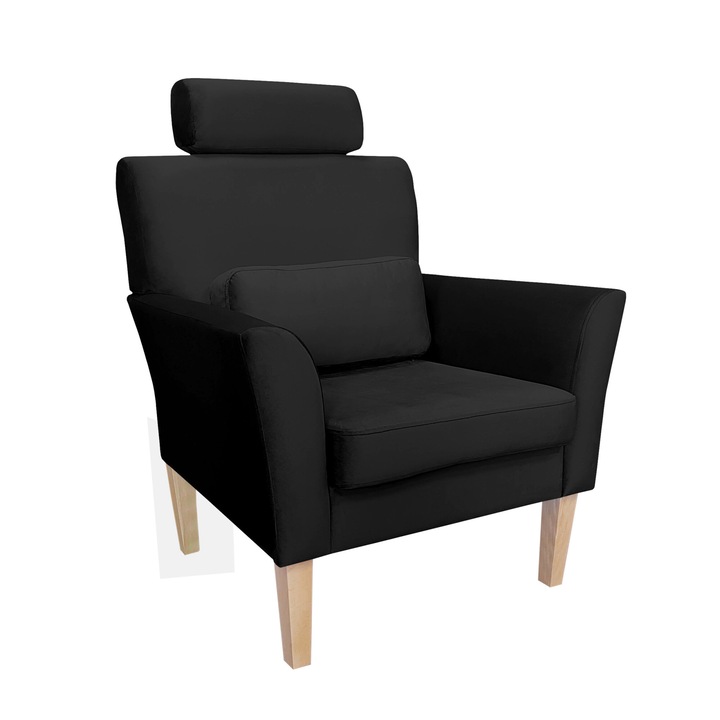Denver fotel, Atos, fejtámlával, bársony kárpitozással, fekete, 81x72x99cm