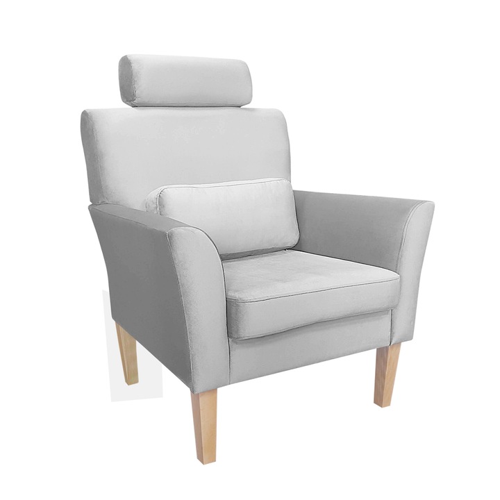 Denver fotel, Atos, fejtámlával, bársony kárpitozással, világosszürke, méretei 81x72x99cm