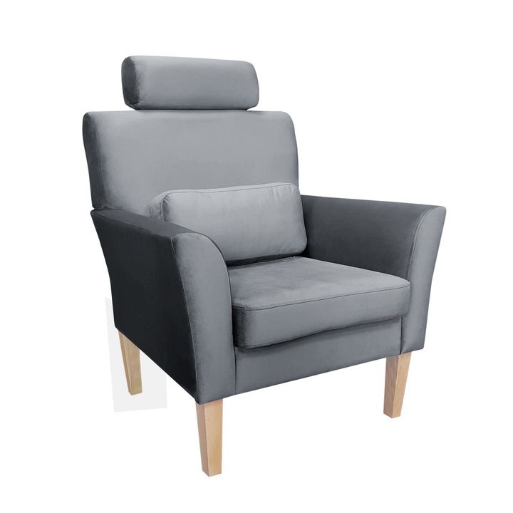 Denver fotel, Atos, fa lábakkal, szürke, párnával, 81x72x99cm