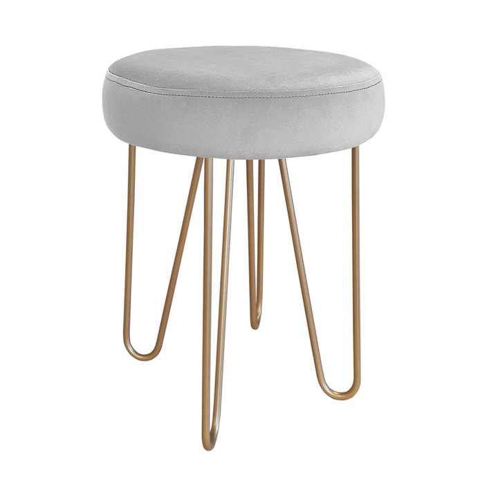 Табуретка, Atos, Кадифе, 49 x 35 x 35 см, Сиво / Златно
