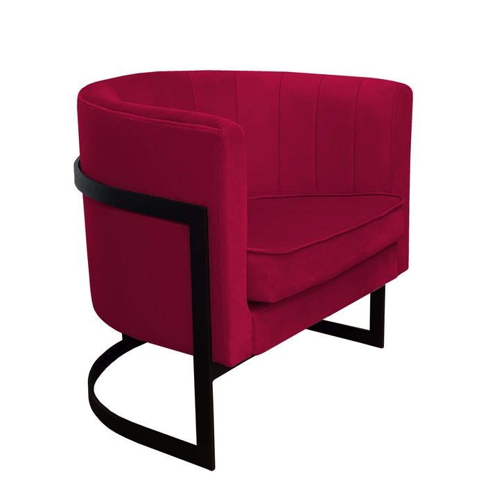 Glamour fotel, Atos, piros bársony kárpitozás, fekete alap, méretei 74x60x50cm