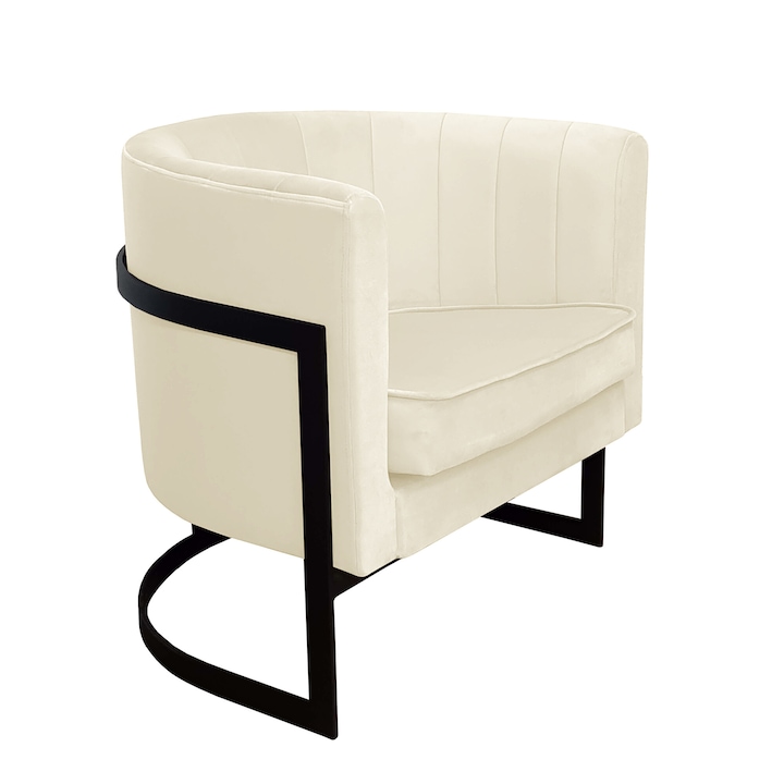 Glamour fotel, Atos, krémszínű bársony kárpitozás, fekete alap, méretei 74x60x50cm