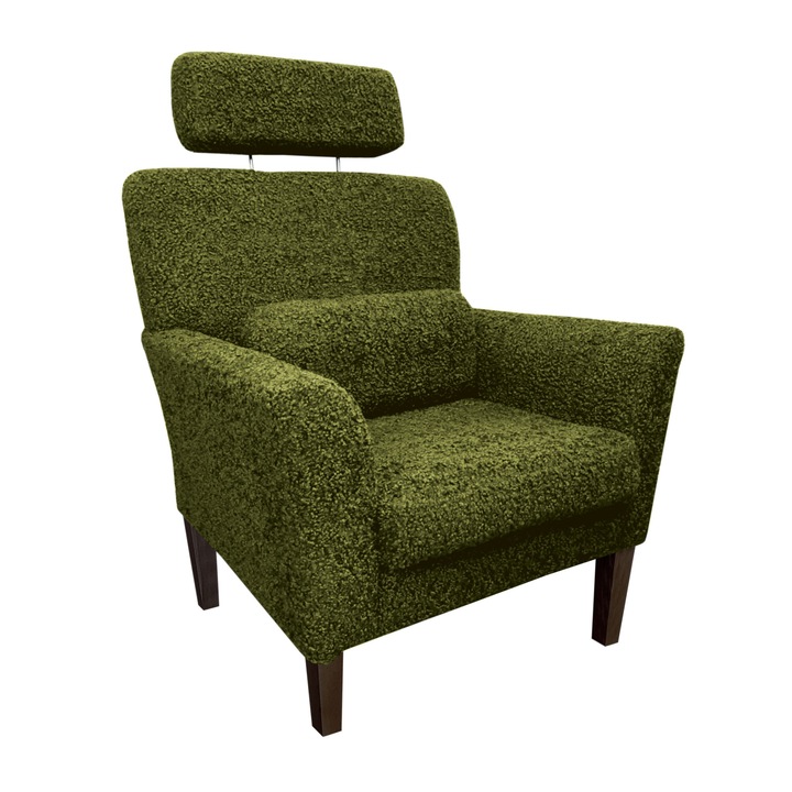 Denver fotel, Atos, zöld, fejtámlával és párnával, fa lábakkal