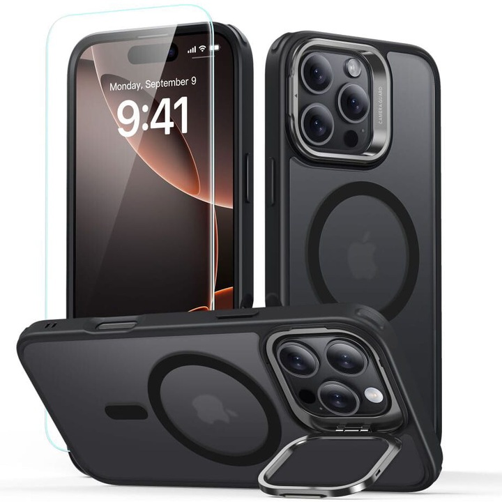 Készlet Tok és kijelzővédő üveg, ESR Classic Hybrid Kickstand Halolock MagSafe & Tempered Glass kompatibilis iPhone 16 Pro, Átlátszatlan, fekete szegéllyel