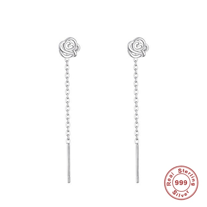 Cercei Lungi din Argint cu Trandafir, BlingCharm, 100% Argint 999/4.5 cm, Antialergic/Colorfast, Include Husa De Catifea Pentru Bijuterii