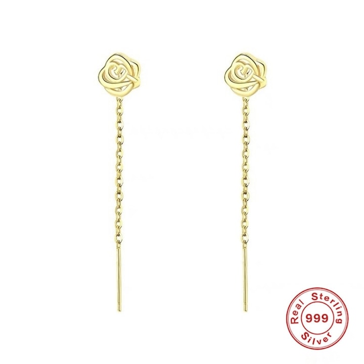 Cercei Lungi din Aur cu Trandafir, BlingCharm, 100% Argint 999/4.5 cm, Placat cu aur 14k adevarat, Antialergic, Include Husa De Catifea Pentru Bijuterii