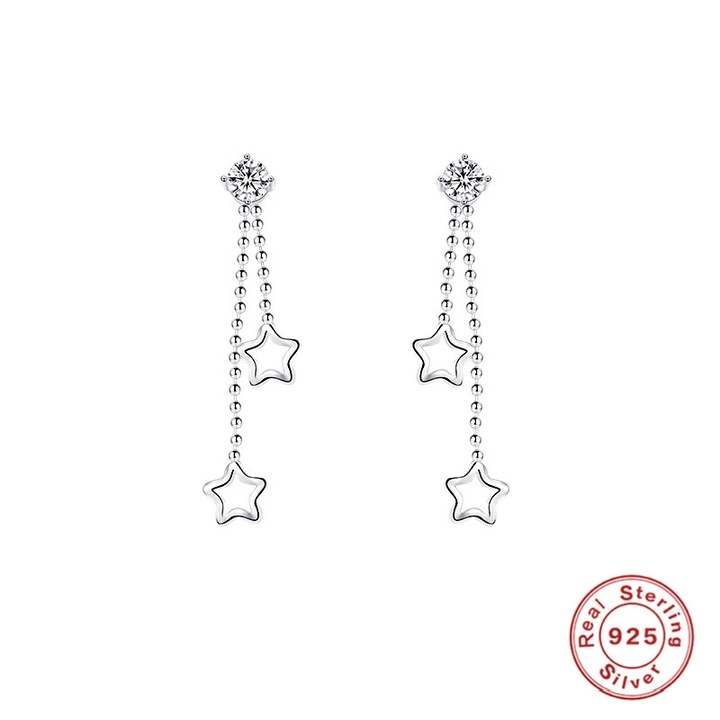925 Sterling ezüst dupla csillagos hosszú láncú fülbevaló, BlingCharm, 100% 925 Sterling ezüst/cirkónium, hipoallergén/színtartó, bársony ékszertasak