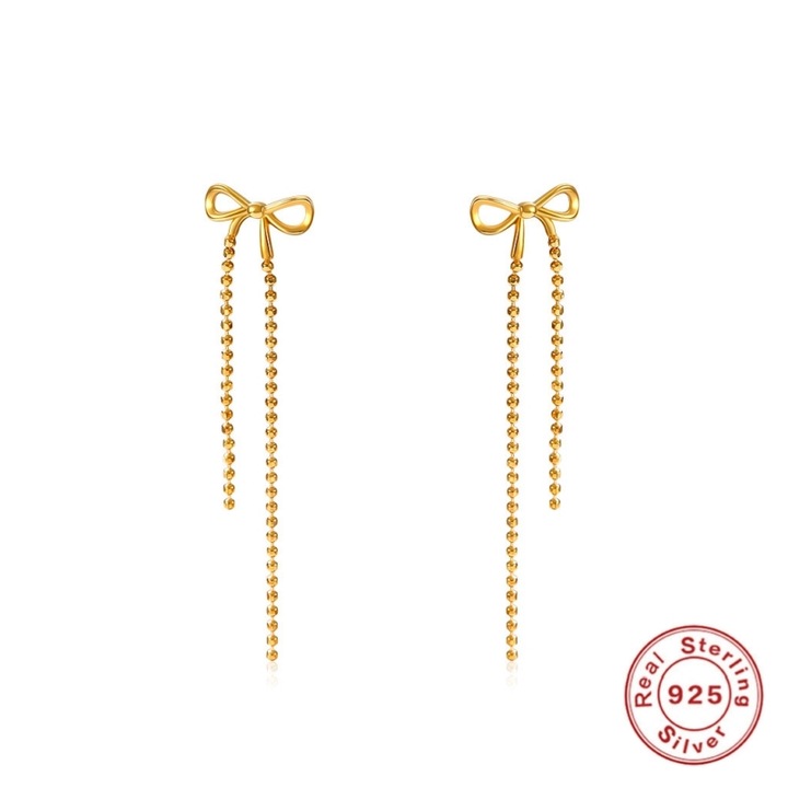 Hosszú fülbevaló masnival, 925 Sterling ezüst, valódi 18K arannyal bevonva, BlingCharm, 100% 925 Sterling ezüst, hossz 4,2 cm, kis gyöngylánc, hipoallergén, bársony ékszertasak