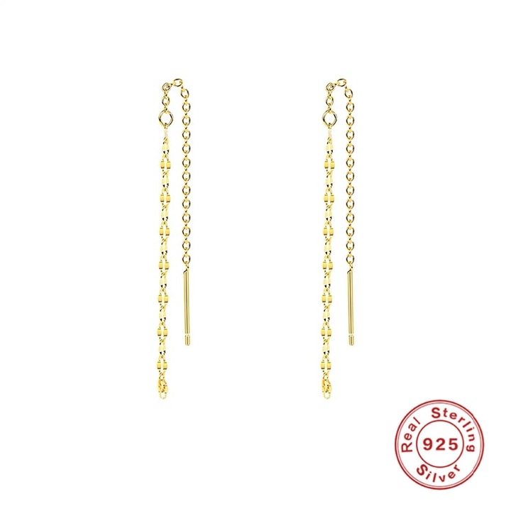 Cercei Lungi cu Lant din Argint 925 placat cu Aur veritabil de 14K, BlingCharm, 100% Argint 925, Lungimi 8 cm, Antialergic, Include Husa De Catifea Pentru Bijuterii