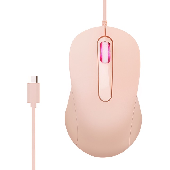 Mouse cablat Type-C, roz deschis, pentru telefoane mobile, laptopuri, tablete si smartphone-uri