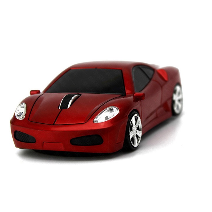 Mouse wireless in forma de masina, 2 butoane, rosu, set cu receptor USB