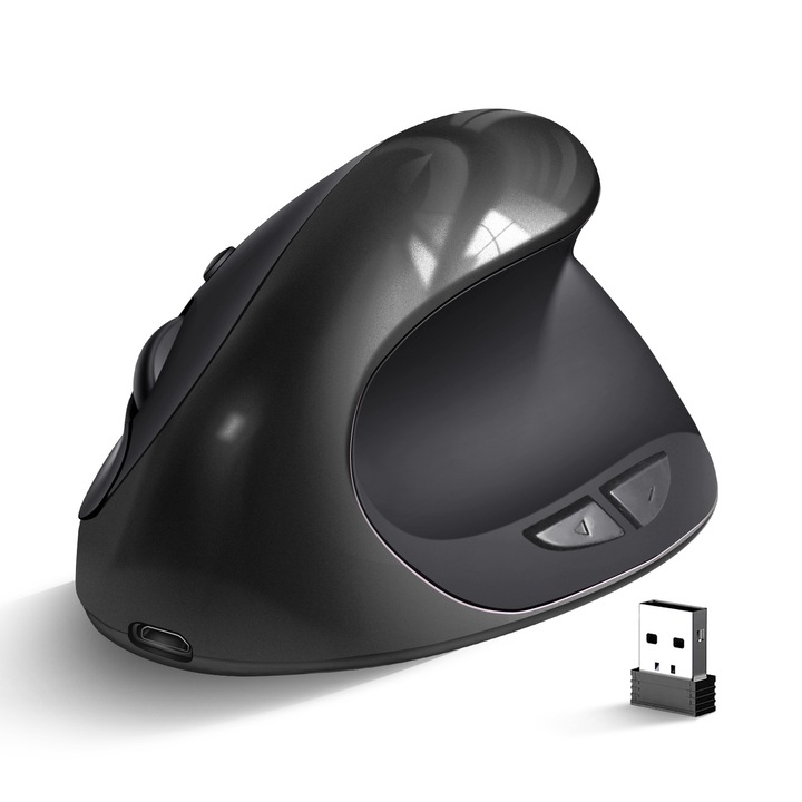 Mouse wireless ergonomic, 2.4GHz, 3 niveluri DPI ajustabile, incarcabil, negru, 10.5x5.9x7.2cm