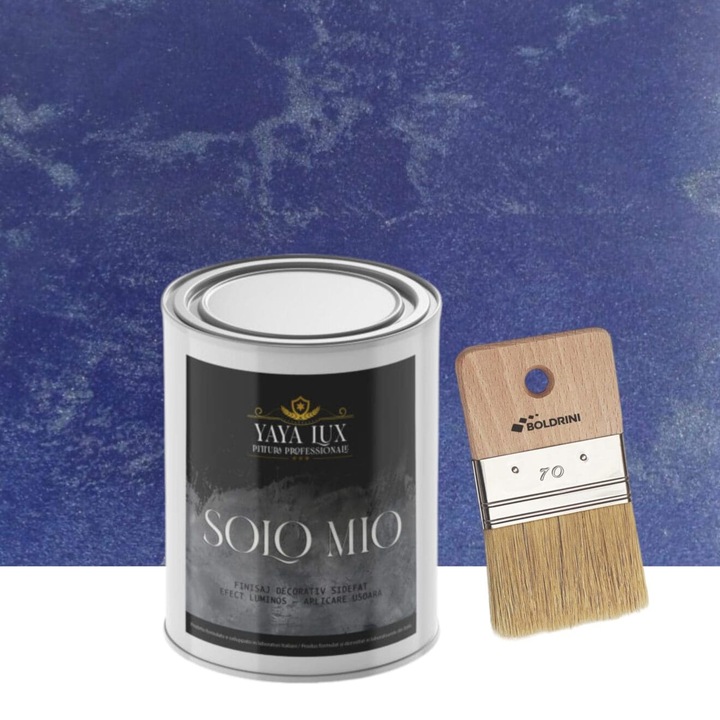 Set Vopsea Decorativa de Lux, Solo Mio, Albastru Cobalt, cu Cristale Lichide Stralucitoare, Efecte Spectaculoase, 1 L si Pensula 70 mm