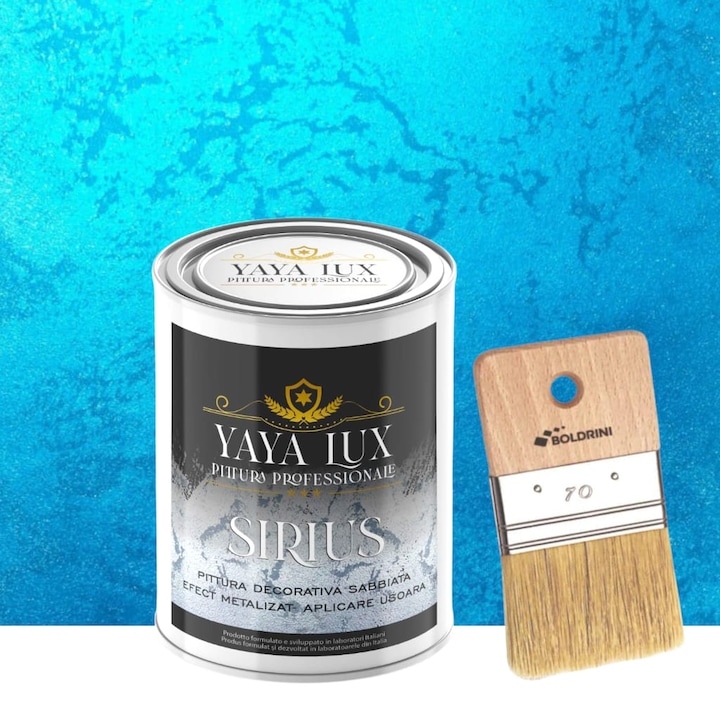 Vopsea Decorativa de Lux Sirius, Albastru, Finisaj Mat cu Perle de Sticla, 0, 5 Litri si Pensula 70 mm, YaYa Color
