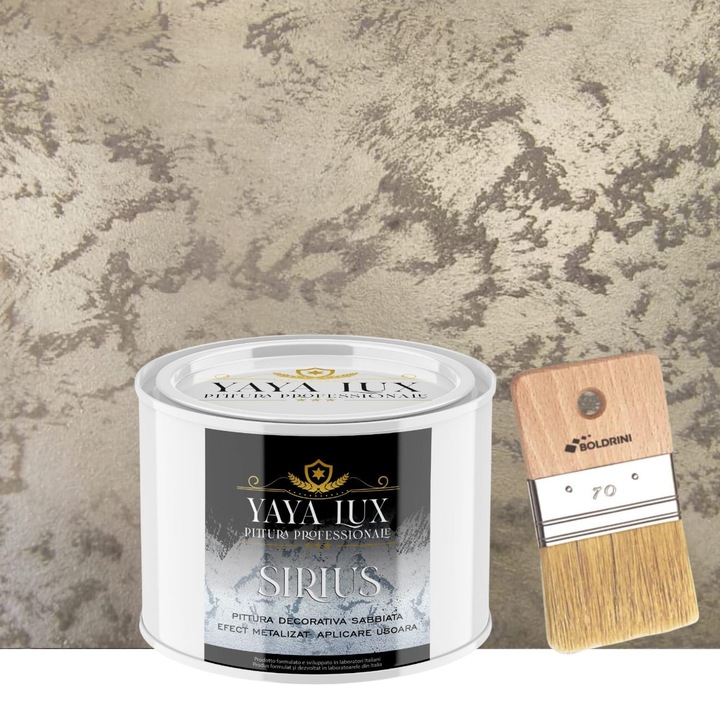 Vopsea Decorativa de Lux Sirius, Bej Antichizat, Finisaj Mat cu Perle de Sticla, 0, 5 Litri si Pensula 70 mm, YaYa Color