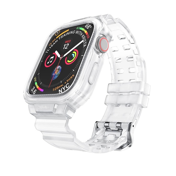 Carcasa si curea 2-in-1 pentru Apple Watch 4/5/6/7/8/9/SE/SE2, rugged TPU bumper, 44/45 mm, Halleast, alb-argintiu