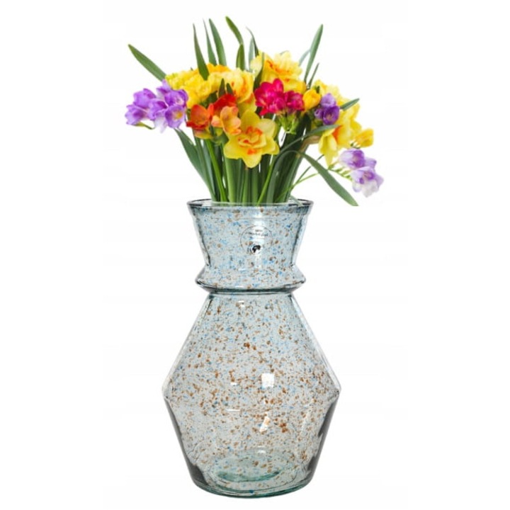 Vaza din sticla, Kaemingk, 25x16cm, transparenta cu puncte albastre si maronii, material reciclat
