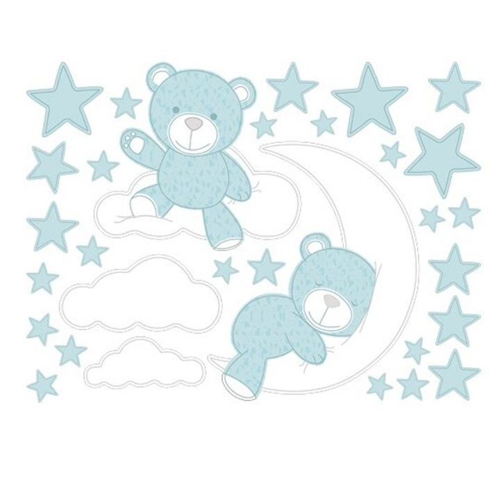 Autocolant perete model stele si ursuleti, albastru, 36x48 cm