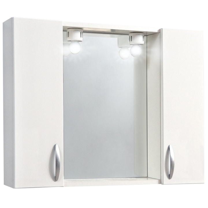 Oglinda Kring Basic Home cu doua dulapioare albe si iluminare, 77x57x16 cm