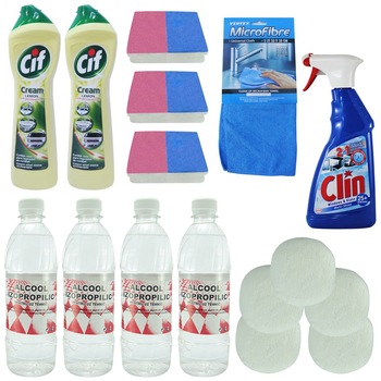 Pachet - 4 x Alcool izopropilic, 0.5L + 5 x Rezerva polisat. 230mm + 2 x Crema degresanta, Cif, Lamaie, 500ml + 3 x Set Bureti de vase, 2buc/Set + Laveta MicroFibre + Solutie curatat geamurile, Clin 2 in 1, Multi-Shine, 500ml Pachet - 4 x Alcool izopropilic, 0.5L + 5 x Rezerva polisat. 230mm + 2 x Crema degresanta, Cif, Lamaie, 500ml + 3 x Set Bureti de vase, 2buc/Set + Laveta MicroFibre + Solutie curatat geamurile, Clin 2 in 1, Multi-Shine, 500ml