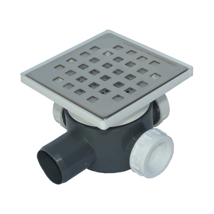 Sifon Pardoseala-H75 (3 intrari Ø40, iesire laterala Ø50, cu piulita, cu inaltator, gratar INOX)