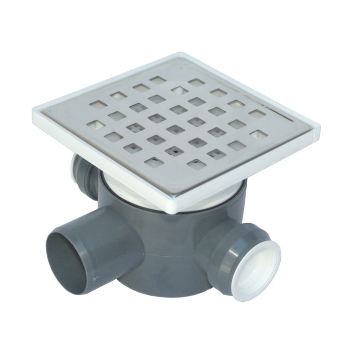 Sifon Pardoseala-H80 (2 intrari Ø40 stanga&dreapta, iesire later Ø50, cu inaltator, gratar INOX)