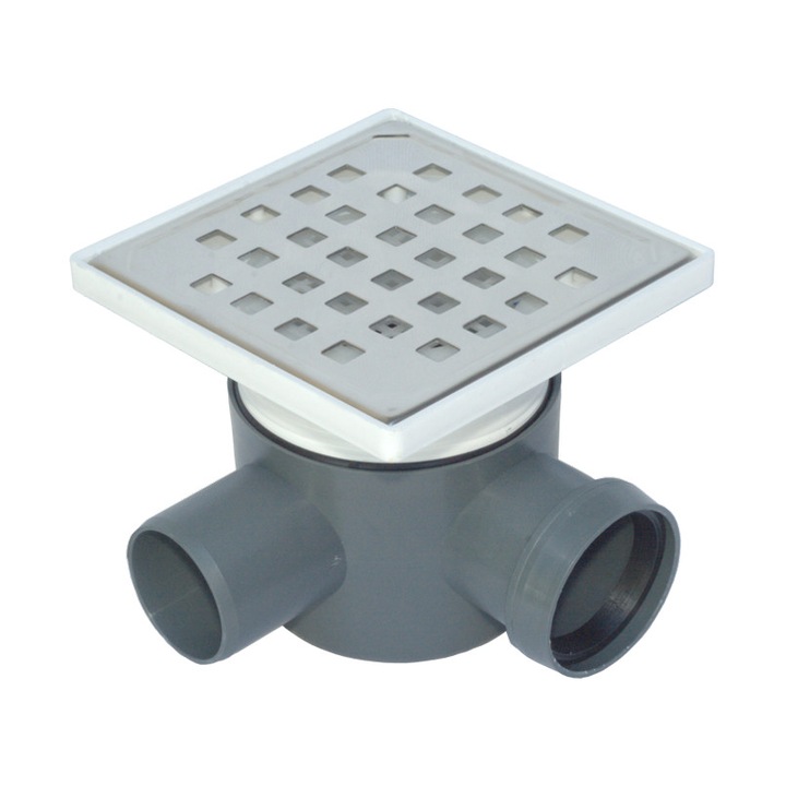 Sifon Pardoseala-H90 (1 intrare Ø50 dreapta, iesire laterala Ø50, cu inaltator, gratar INOX)